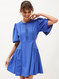SASSAFRAS Women Skater Blue Above Knee/Mid Thigh Length Dress