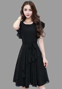 SUMERTEX Women Fit and Flare Black Knee Length Dress