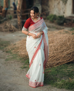 shopzoo trend Embellished, Self Design, Printed, Woven Banarasi Cotton Silk, Jacquard Saree