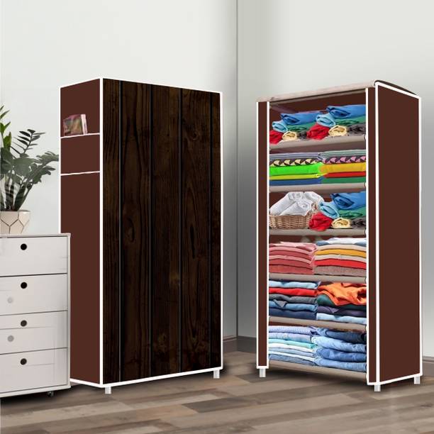 Prizam 6 Shelf Wood Printed PP Collapsible Wardrobe