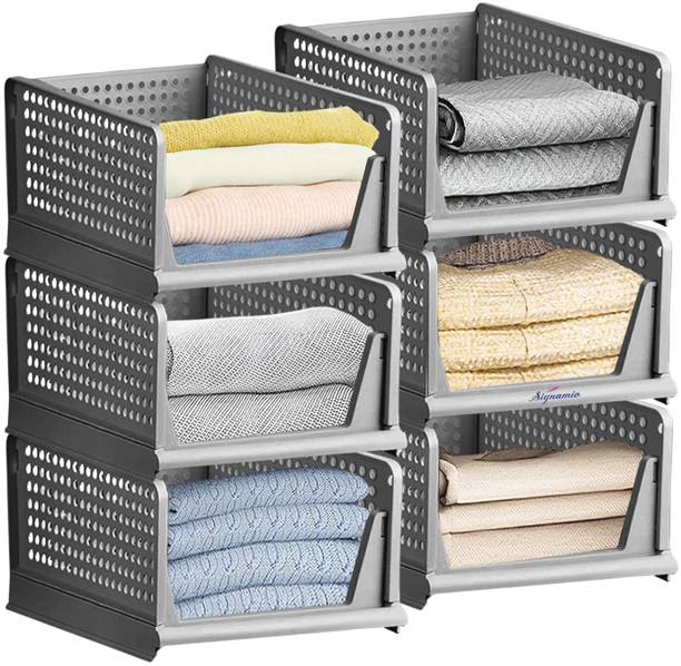 Signamio 6 Pcs Foldable and Stackable Cupboard for Merging Cupboard Space - Grey Color PP Collapsible Wardrobe